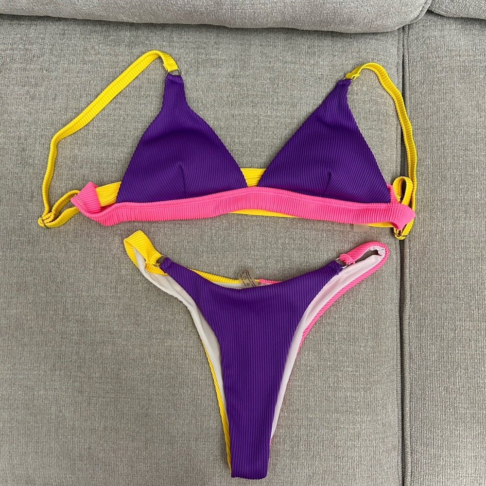 Purple Ribbed Bikini with Pink & Yellow Trim